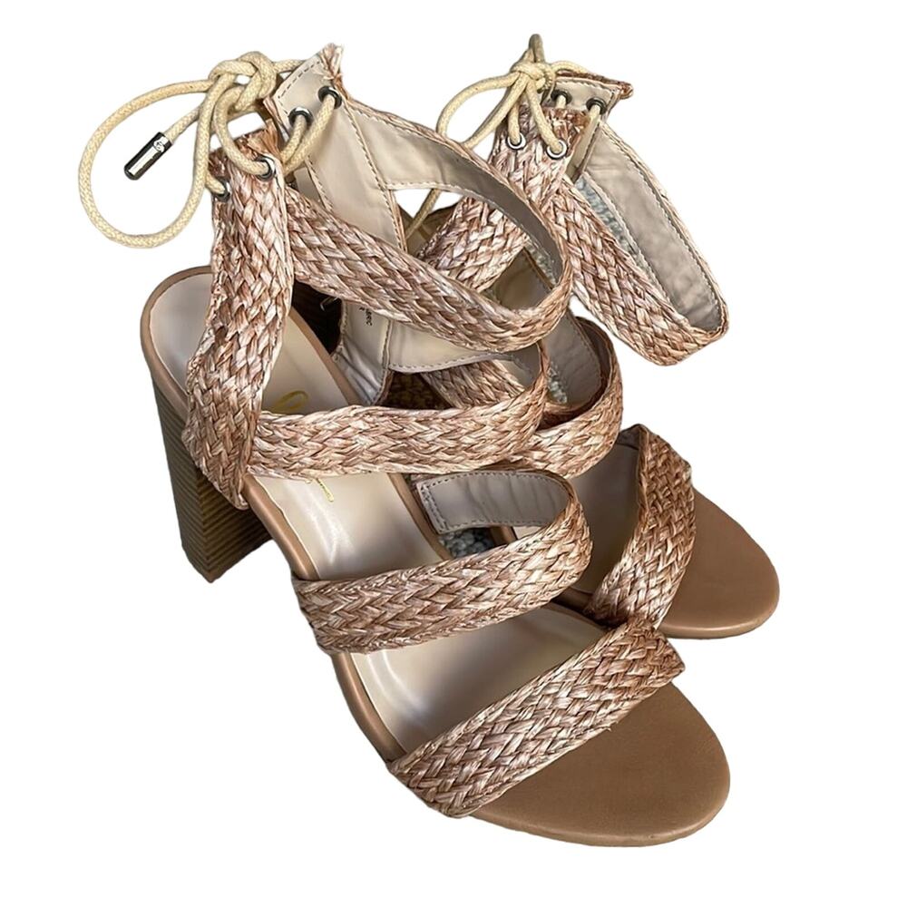 Lulus Marlena Woven Straw Sandals Stacked Heel Women's Size 7.5 Tan